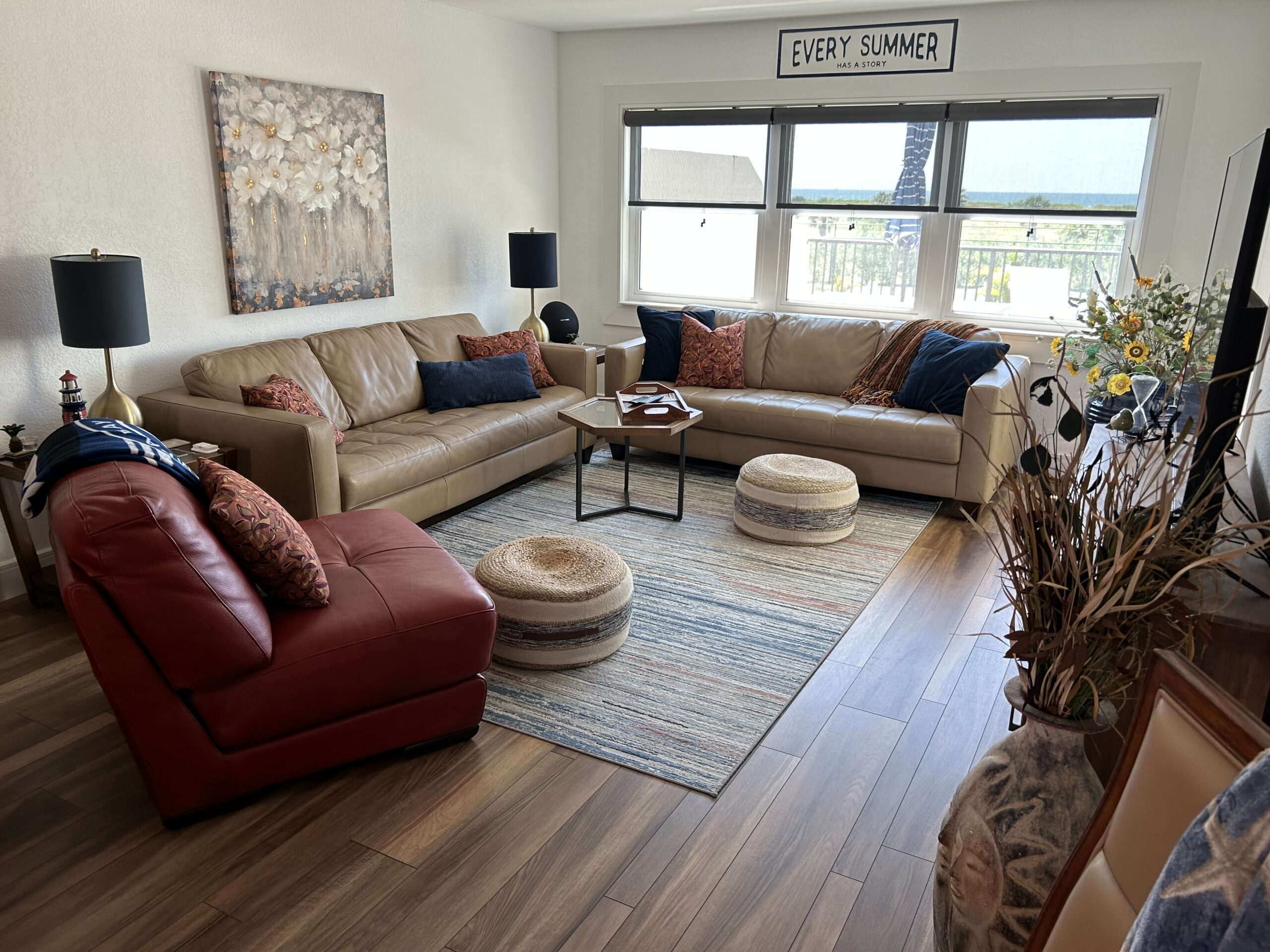 Spacious living room with large windows and seating area in Clearwater Beach Sand Key monthly rental condo